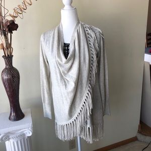 Etcetera Fringe Cardigan, oatmeal wool, Size Small
